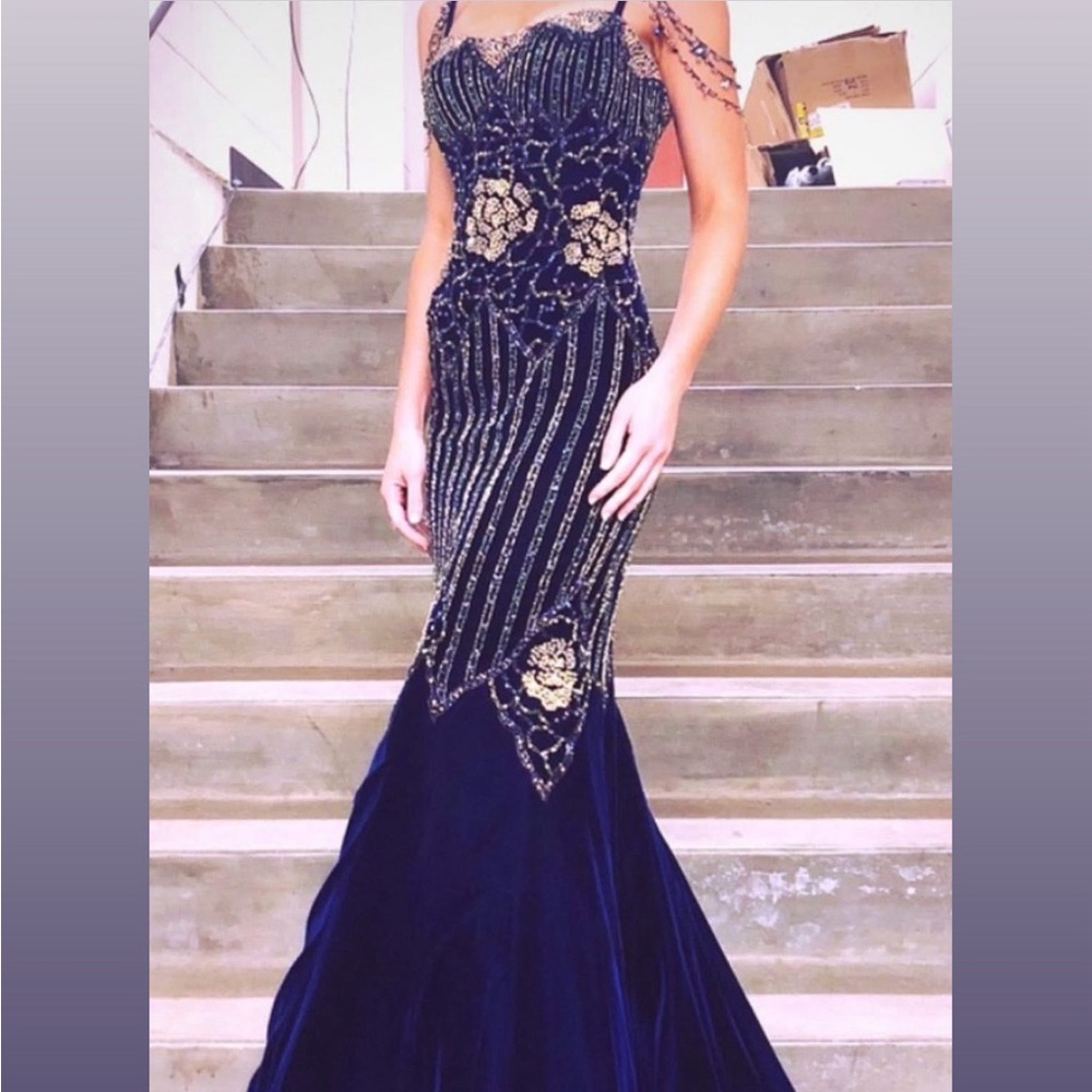 Sherri Hill Couture ONE OF A KIND Elegant Navy Velvet and Gold Beaded Gown